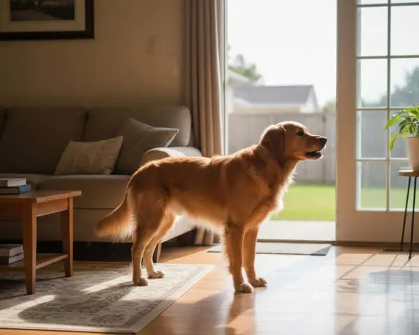 Golden retriever in casa, forse cerca rimedi per un cane che abbaia in continuazione.