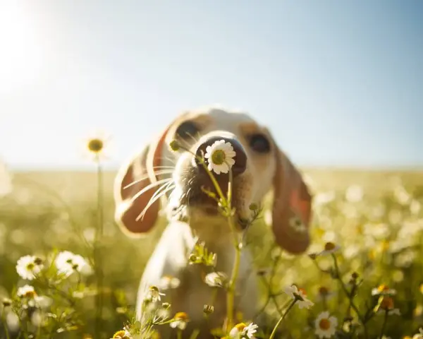 Un cane annusa una camomilla in un prato fiorito, con il sole che illumina la scena.