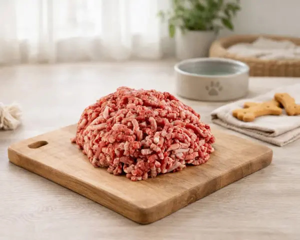 Un mucchio di lonza di maiale per cani macinata su un tagliere di legno, con biscotti a forma di osso e una ciotola per cani sullo sfondo.