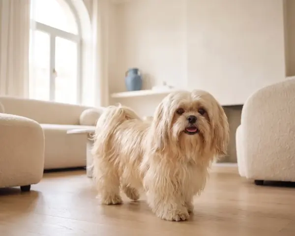 Un adorabile shih tzu dal pelo lungo e chiaro si guarda intorno in un soggiorno moderno e luminoso, con divani bianchi e un grande arco finestrato.