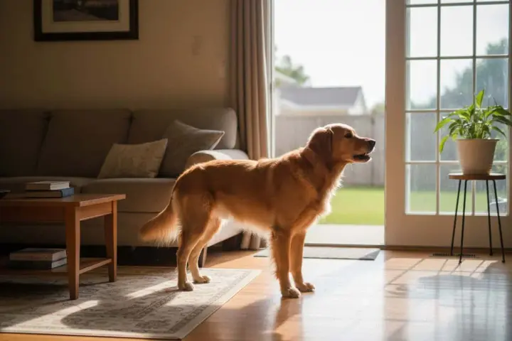 Golden retriever in casa, forse cerca rimedi per un cane che abbaia in continuazione.