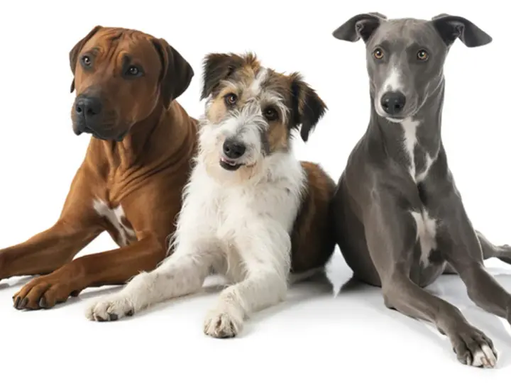 Tre cani di taglia media: un Rhodesian Ridgeback, un meticcio dal pelo lungo e un Levriero.