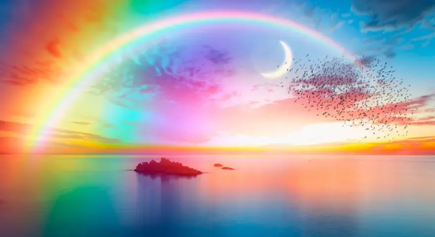 Un arcobaleno magico si estende sul mare calmo, con una luna crescente e uno stormo di uccelli che volano verso il ponte dell'arcobaleno.