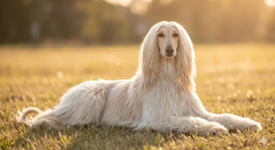 Un maestoso levriero afgano, uno dei cani grandi pelosi, riposa sull'erba dorata al tramonto.