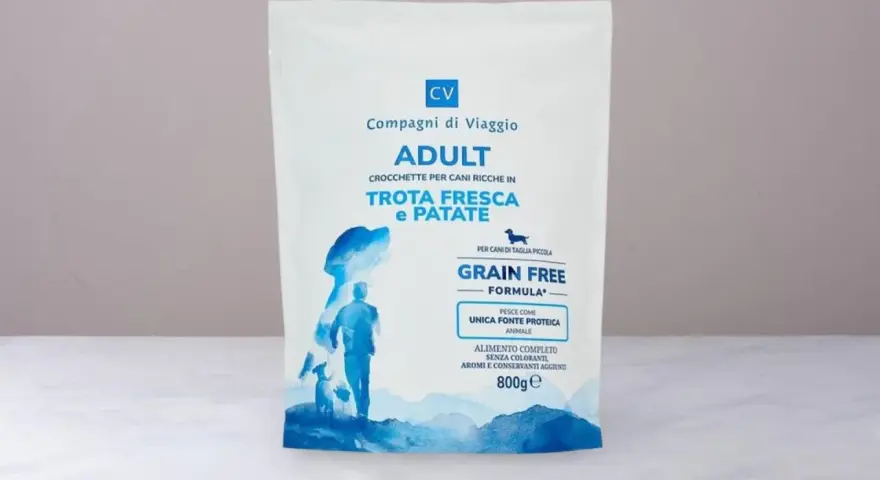 Crocchette vegetariane per cani "Compagni di Viaggio" Adult, grain-free, con trota fresca e patate. Alimento completo per cani di taglia piccola.