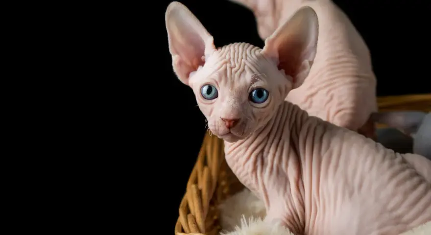 Un adorabile gatto senza pelo con occhi azzurri, seduto in un cesto di vimini su uno sfondo nero.