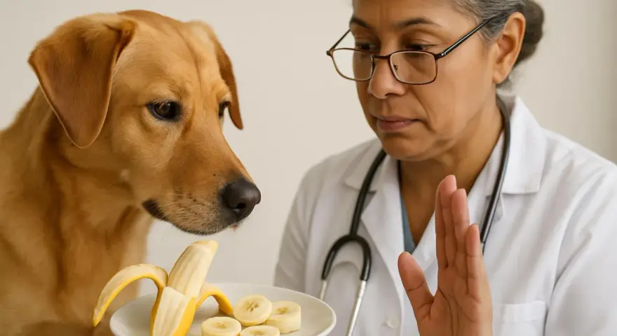 Veterinaria ferma un cane goloso che vuole mangiare una banana. La corretta alimentazione cane è fondamentale.
