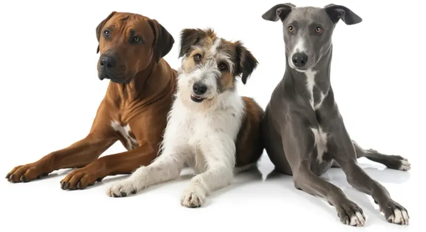 Tre cani di taglia media: un Rhodesian Ridgeback, un meticcio dal pelo lungo e un Levriero.