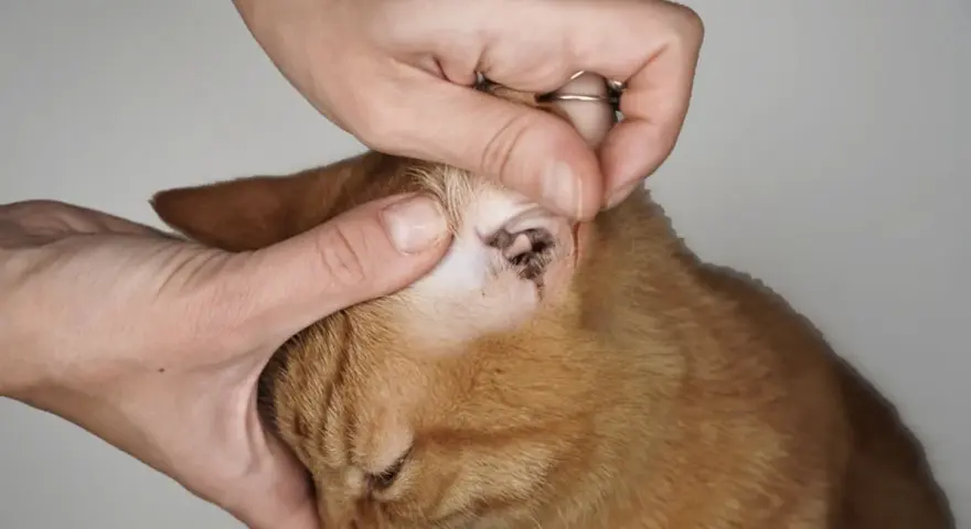 Mani esaminano l'orecchio di un gatto arancione, mostrando segni di otite da acari del gatto.