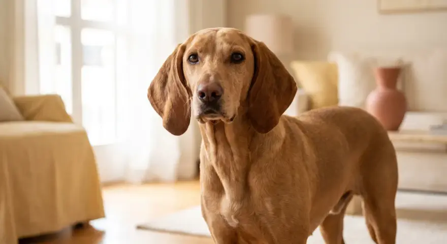 Un elegante segugio cane color miele, con lunghe orecchie flosce, posa in un soggiorno luminoso.
