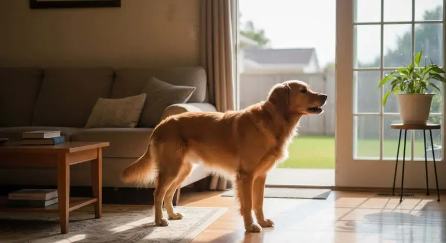 Golden retriever in casa, forse cerca rimedi per un cane che abbaia in continuazione.