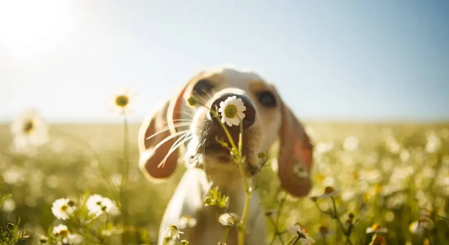 Un cane annusa una camomilla in un prato fiorito, con il sole che illumina la scena.