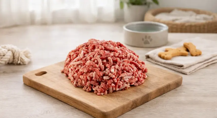Un mucchio di lonza di maiale per cani macinata su un tagliere di legno, con biscotti a forma di osso e una ciotola per cani sullo sfondo.