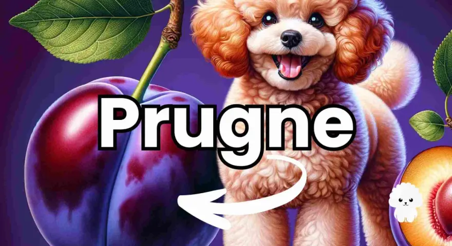 Un simpatico barboncino guarda delle prugne, suggerendo che i cani possono mangiare le prugne.