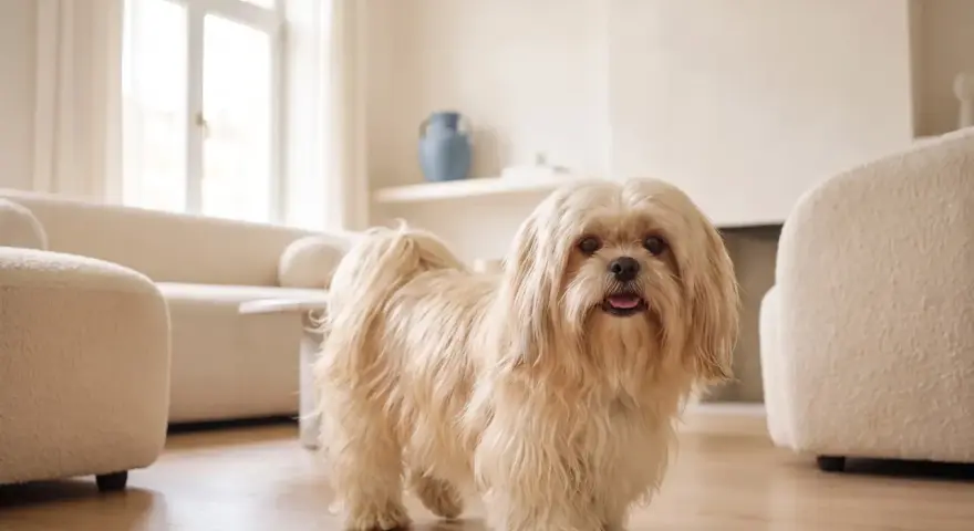 Un adorabile shih tzu dal pelo lungo e chiaro si guarda intorno in un soggiorno moderno e luminoso, con divani bianchi e un grande arco finestrato.