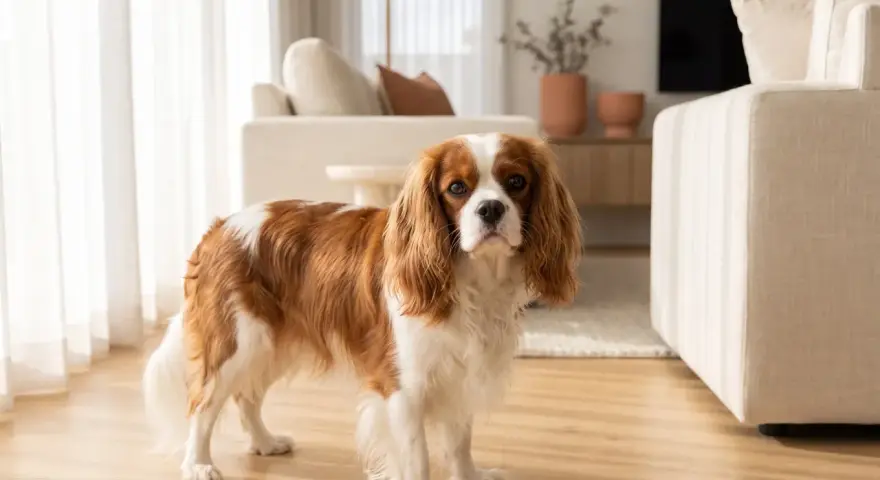 Un adorabile king charles spaniel con pelo bianco e castano guarda dritto, in un soggiorno moderno.