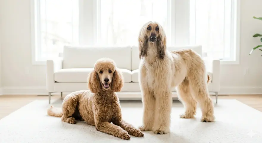 Un barboncino color caramello e un levriero afgano, un vero cane gigante, posano su un tappeto bianco davanti a un divano.