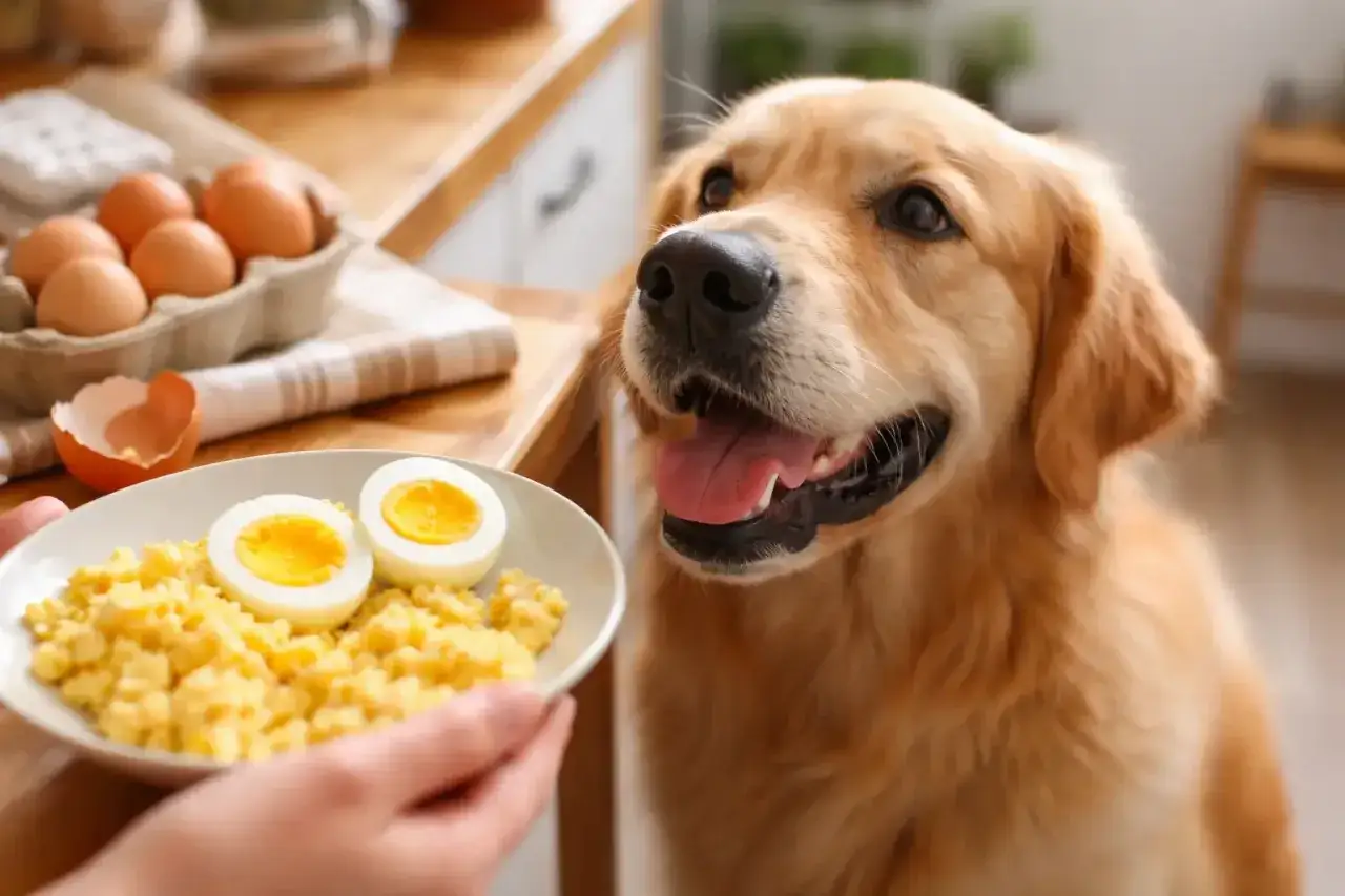 Un golden retriever guarda con gioia un piatto di uova strapazzate e sode, dimostrando che i cani possono mangiare le uova.