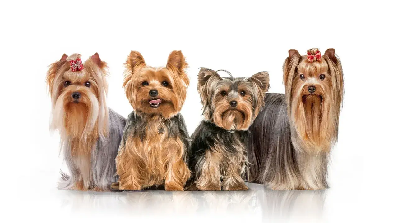 Quattro Yorkshire Terrier, noti per il loro vivace yorkshire terrier temperamento, posano con fiocchi eleganti.