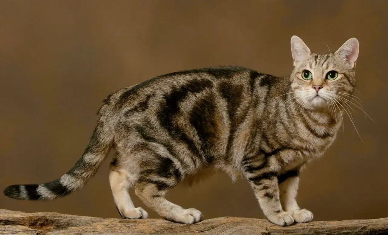Un elegante gatto europeo tigrato, con occhi verdi penetranti, posa su un tronco di legno con uno sfondo marrone.