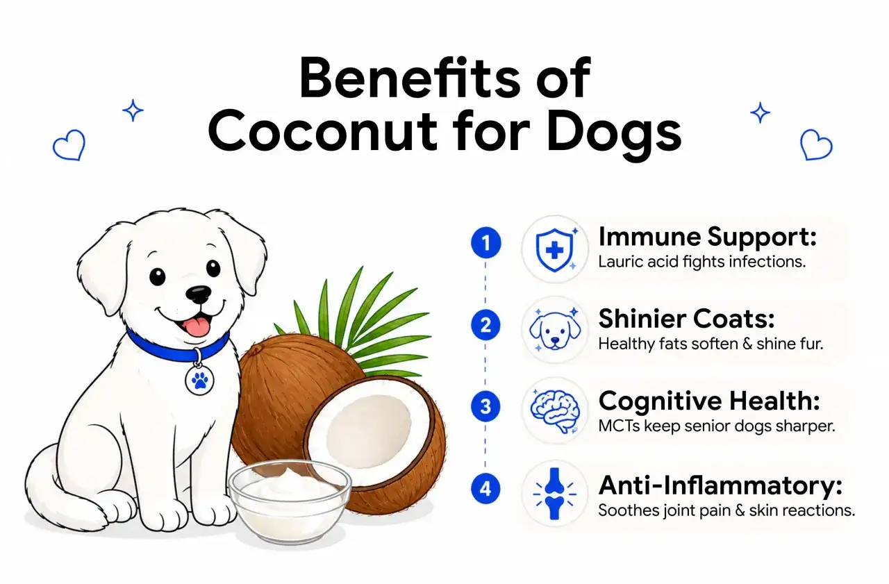 Un cane sorridente accanto a un cocco, che mostra i benefici del cocco per i cani: supporto immunitario, pelo lucido, salute cognitiva e antinfiammatorio.