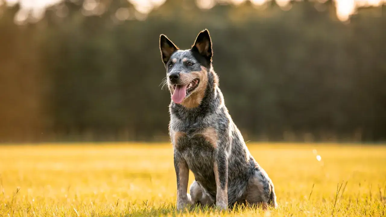 Un Australian Cattle Dog seduto in un prato dorato al tramonto, con la lingua fuori e le orecchie dritte.