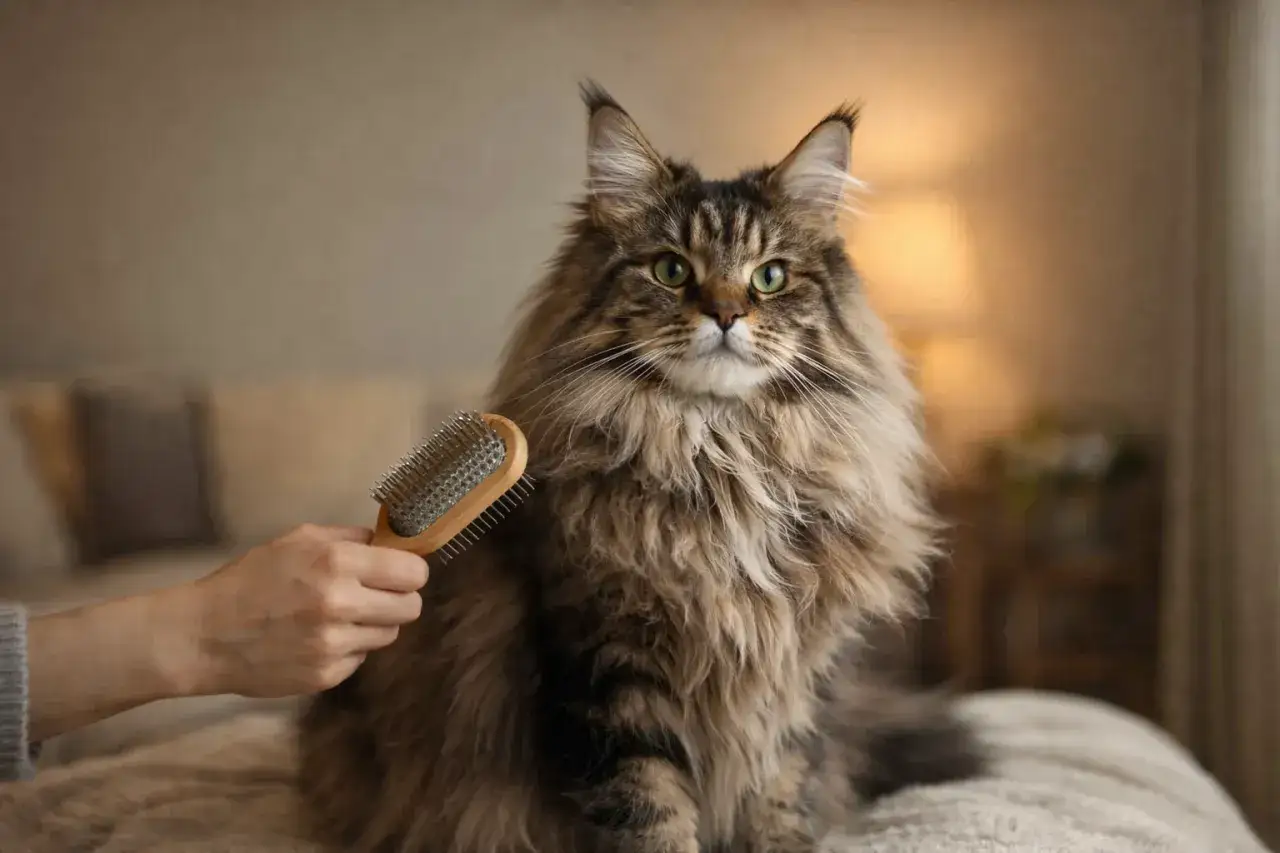 Un maestoso Maine Coon, con il suo folto pelo, viene pettinato con cura.