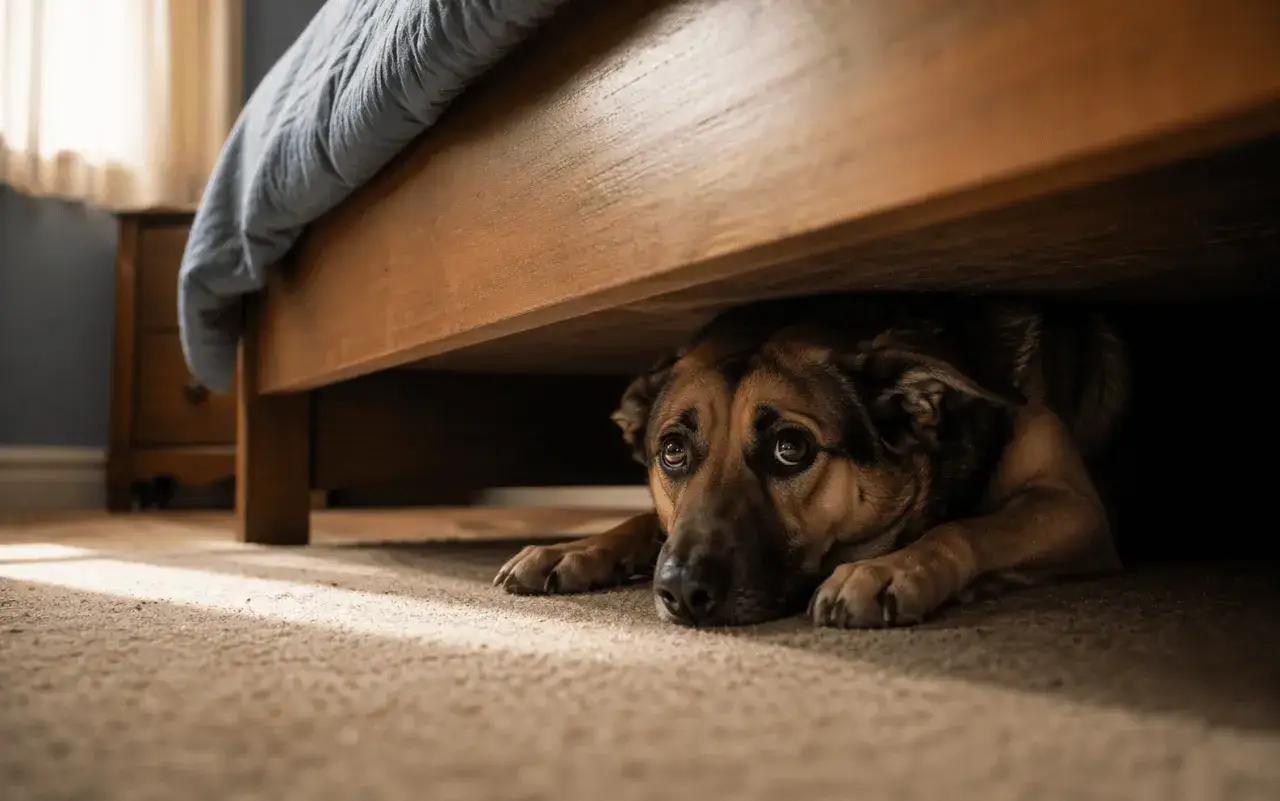 Un cane spaventato si nasconde sotto il letto, con gli occhi pieni di timore. Forse ha sentito un rumore forte, ecco perche il cane si mette sotto al letto.
