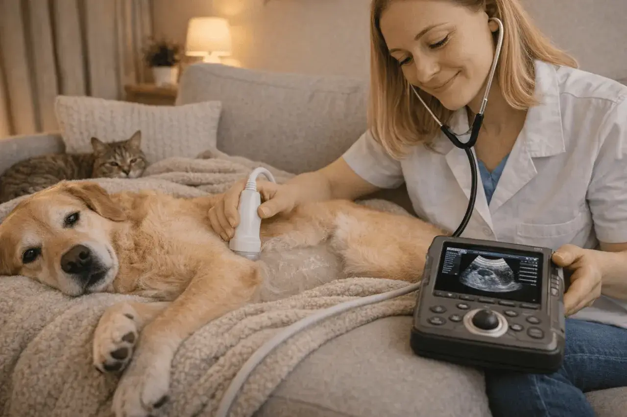Veterinaria esegue ecografia a un cane, monitorando la sua salute, forse per controllare l'albumina bassa cane. Un gatto osserva.