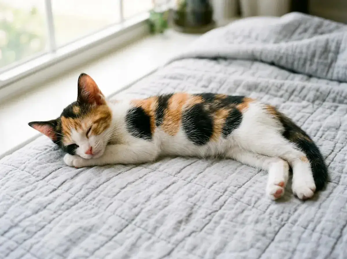 Un adorabile gatto calico dorme beatamente su una coperta grigia vicino a una finestra.